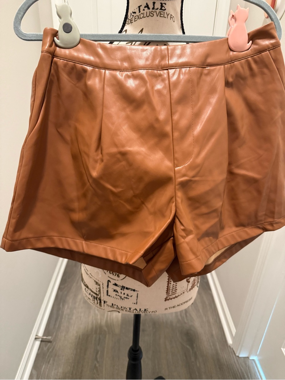 High-Waist Vegan Leather Shorts in Camel Brown